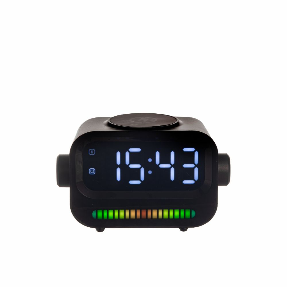 Часы настольные RapidFlow 15W с беспроводным зарядным устройством и динамиком 5W с вашим логотипом